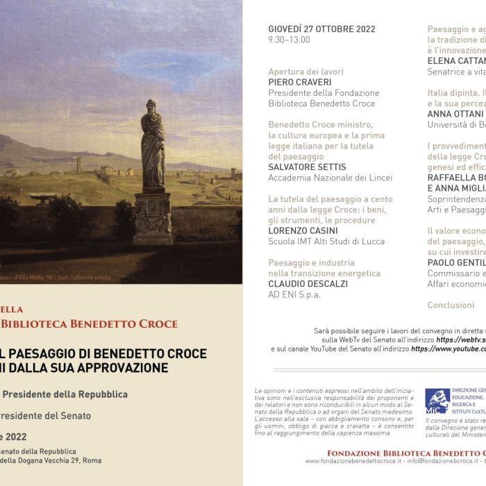 La legge sul paesaggio di Benedetto Croce a cento anni dalla sua approvazione, Roma, Sala Zuccari, presso il Senato della Repubblica, Palazzo Giustiniani, via della Dogana Vecchia 29