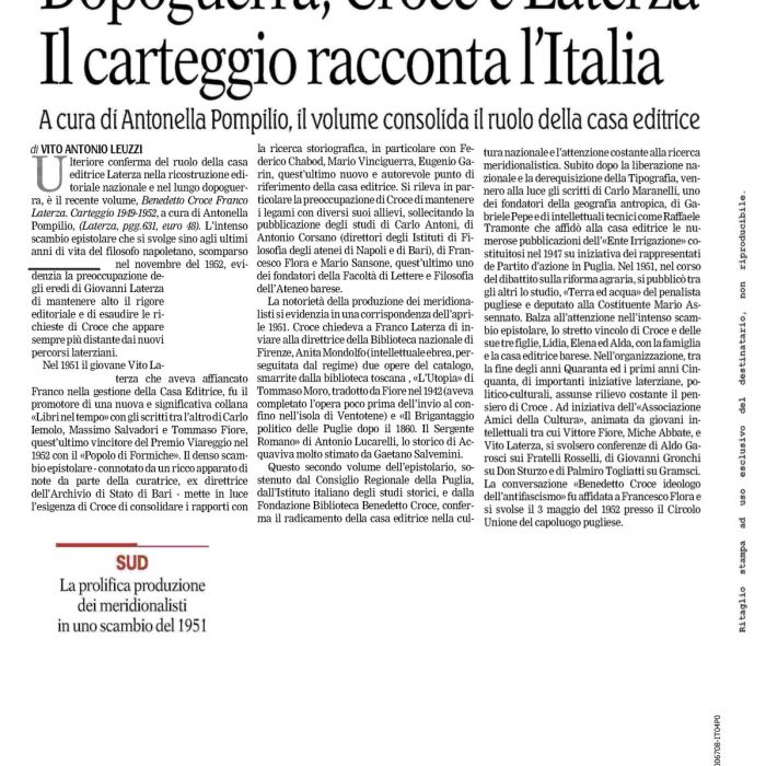 Dopoguerra, Croce e Laterza. Il carteggio racconta l’Italia