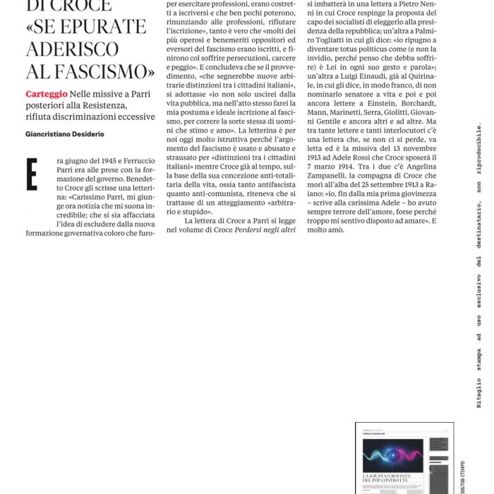 Le lettere di Croce “se epurate aderiscono al Fascismo”